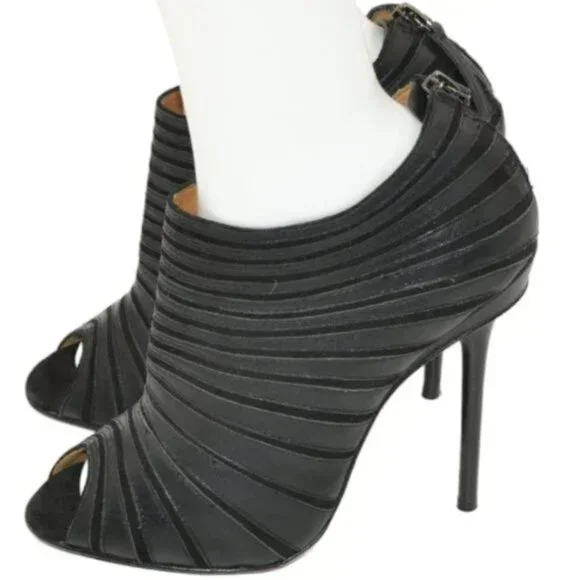 L.A.M.B. Stefani Y2K Black Leather Stiletto Peep Open Toe Booties Boots Heel 8.5 - Picture 4 of 11